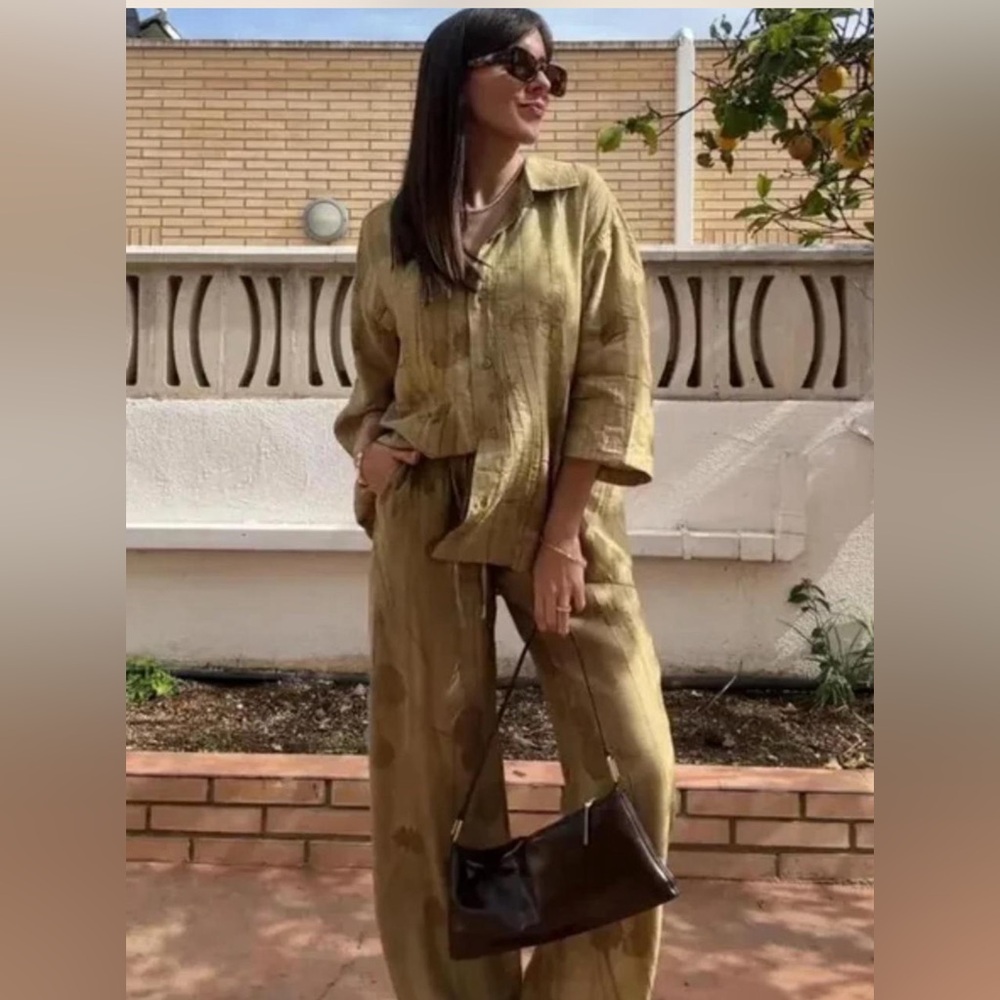 Zara Khaki Wide Leg Pants (size M) & Shirt (size S) Set